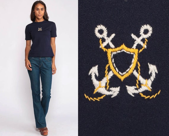 Sailor T Shirt Nautical Blouse 70s Shirt ANCHOR Print Top Disco Tshirt 1970s Novelty Vintage Boho Retro Short Sleeve Blue Small Medium