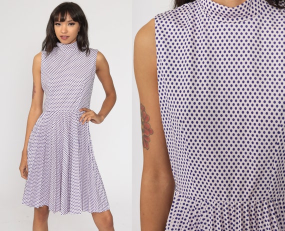 Purple Polka Dot Dress 60s Pleated High Waisted Pink Midi 70s Mod Dress Mock Neck 1970s Vintage Sleeveless Small S