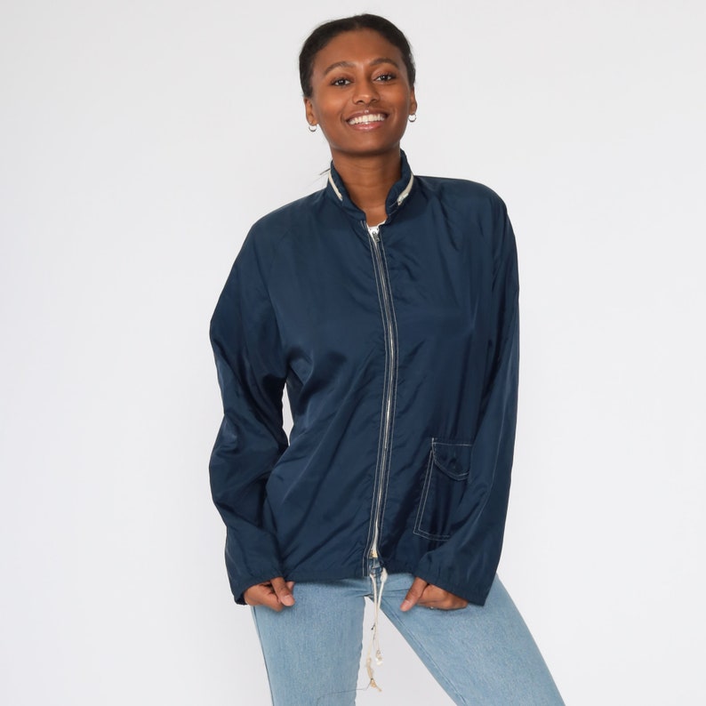 Blue Windbreaker Jacket 70s Navy Jacket Zip Up Plain Retro Jacket Nylon Racing Vintage 80s Lightweight Retro Thin Shell Medium Large