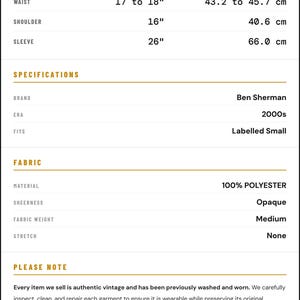 May include: A Ben Sherman garment from the 2000s labeled as a size small. The specifications list the material as 100% polyester with medium weight and no stretch. Measurements include a 26-inch length, 20-inch armpit to armpit, and 26-inch sleeves.