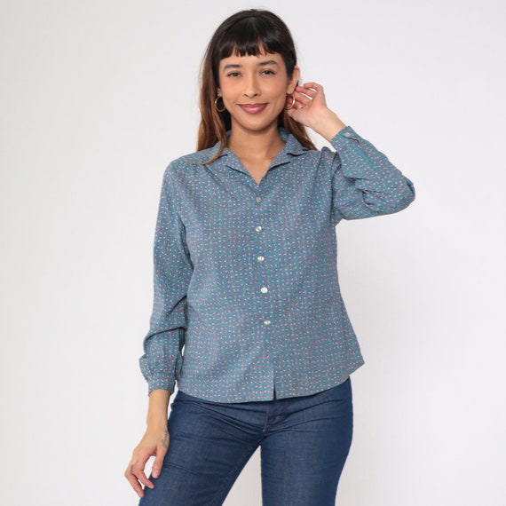 Blue Floral Blouse 70s Button Up Shirt Ditsy Flower Print Retro Boho Hippie Top Long Sleeve Collared Casual Preppy Vintage 1970s Small S