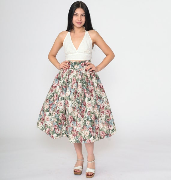 Romantic Floral Midi Skirt 90s Vintage Voluminous Day Skirt Shabby Chic Flower Print Retro High Waisted Summer Garden 1990s Extra Small xs