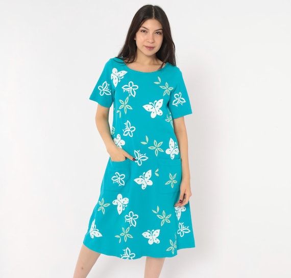 90s Butterfly Housecoat Teal Cotton Dress White Floral Shift A Line Short Sleeve Pockets Aqua Turquoise Casual Garden Summer Vintage Small S