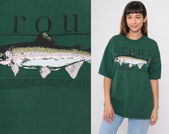 Trout Fishing T-Shirt 90s Dark Green Fisherman Tshirt North American Game Fish Graphic Tee Nature Wildlife Vintage 1990s Large xl