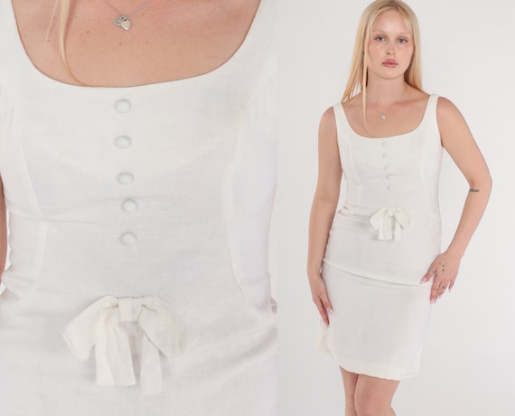 White Pencil Dress 60s Linen Mini Dress Sleeveless Sheath Bow Cocktail Hourglass Wiggle Elopement Bridal Retro Vintage 1960s Extra Small xs