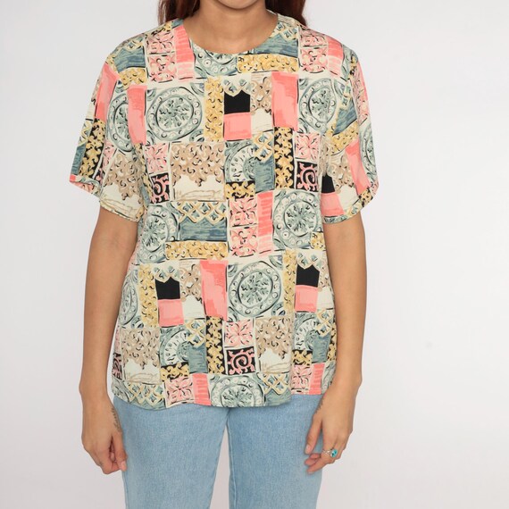 90s Patchwork Blouse Geometric Tile Print Pink Ye… - image 6