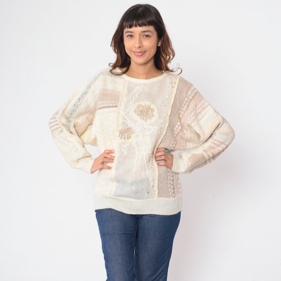 Beaded Floral Sweater 90s Mixed Media Pullover Kn… - image 2