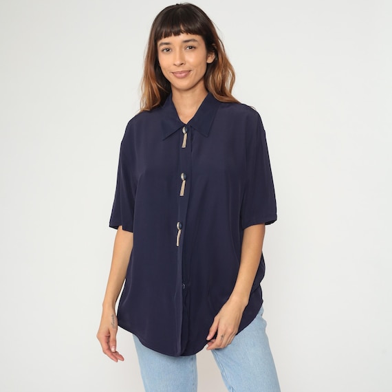 Navy Chain Button Blouse 90s Gold Detail Short Sleeve Oversized Vintage Minimalist Shirt Dark Academia Office Wear Large L