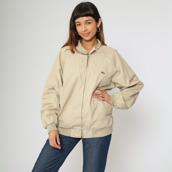Vintage Lacoste Harrington Jacket 90s Beige Zip Front Windbreaker 1990s Khaki Plaid Lined Bomber Crocodile Logo Preppy Men's Large L