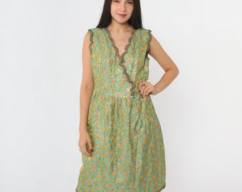 60s Brocade Party Dress Vintage Oscar de la Renta Metallic Floral 1960s Mod Midi Turquoise Cocktail Formal Sparkly Sleeveless V Neck Small 6