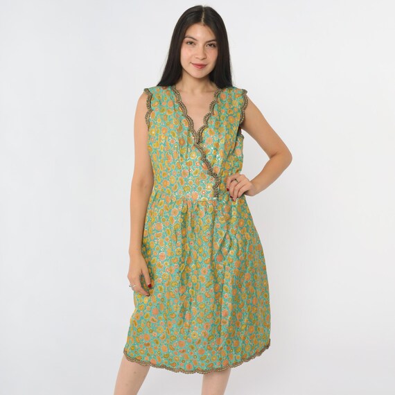 60s Brocade Party Dress Vintage Oscar de la Renta Metallic Floral 1960s Mod Midi Turquoise Cocktail Formal Sparkly Sleeveless V Neck Small 6
