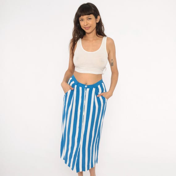 Blue Striped Skirt 90s White Pencil High Waist Pockets Lightweight Summer Vacation Mediterranean Beach Yacht Party Nautical Vintage Medium M