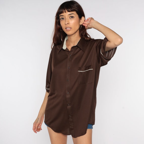 Brown Button Up Shirt 70s Oxford Shirt Hippie Boho 1970s Lounge Shirt Disco Top Vintage Collared Plain Short Sleeve Men's Extra Large XL