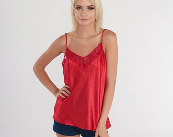 Red Lace Camisole 90s Cami Lingerie Tank Top Satin Sleeveless Romantic Sleep Shirt Loungewear Simple Sexy Going Out Vintage 1990s Medium M