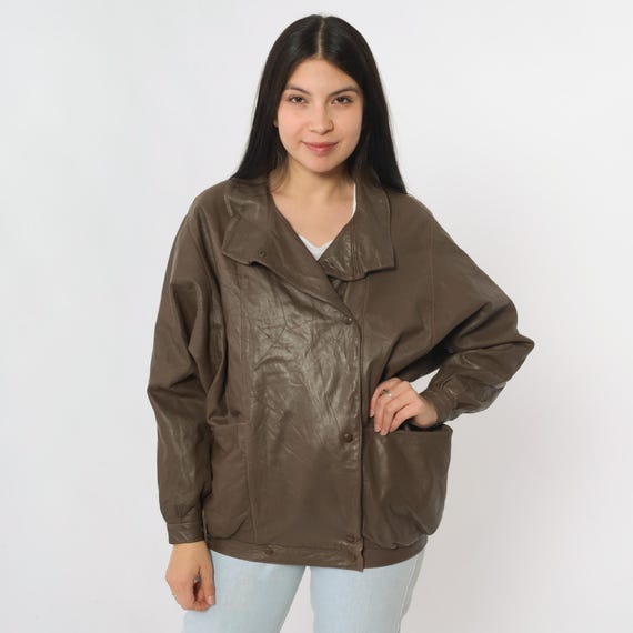 80s Brown Leather Jacket Vintage Bomber Jacket 1980s Boxy Oversized Snap Up Moto Jacket Fall Women's 10 Medium M