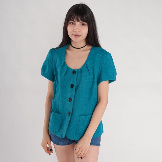 Blue Blouse 90s Puff Sleeve Button up Shirt Preppy Secretary Top Retro Simple Basic Pockets Professional Structured Vintage 1990s Medium M