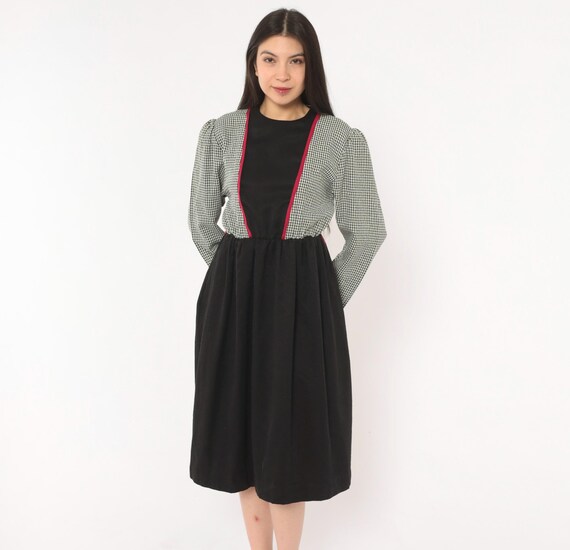 Houndstooth Bodice Dress 80s Black Gingham Check Puff Sleeve Gathered Skirt Knee Length Red Piping Trim V Panel Front Vintage Frock Small S