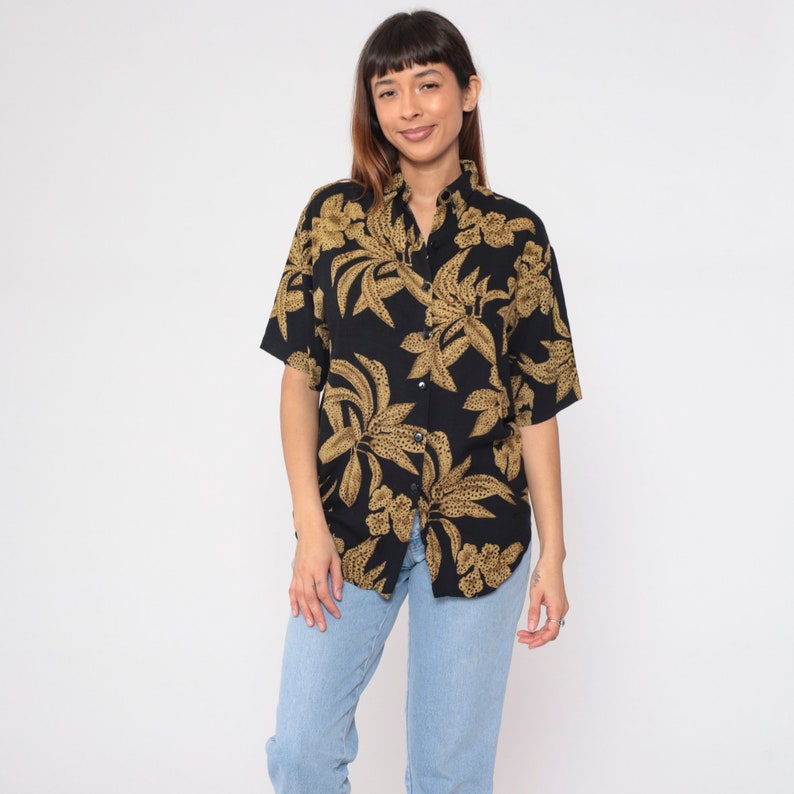 Tropical Floral Blouse 90s Button Up Shirt Black Cheetah Animal Print Flower Leaf Top Summer Short Sleeve Botanical Vintage 1990s Small S image 2