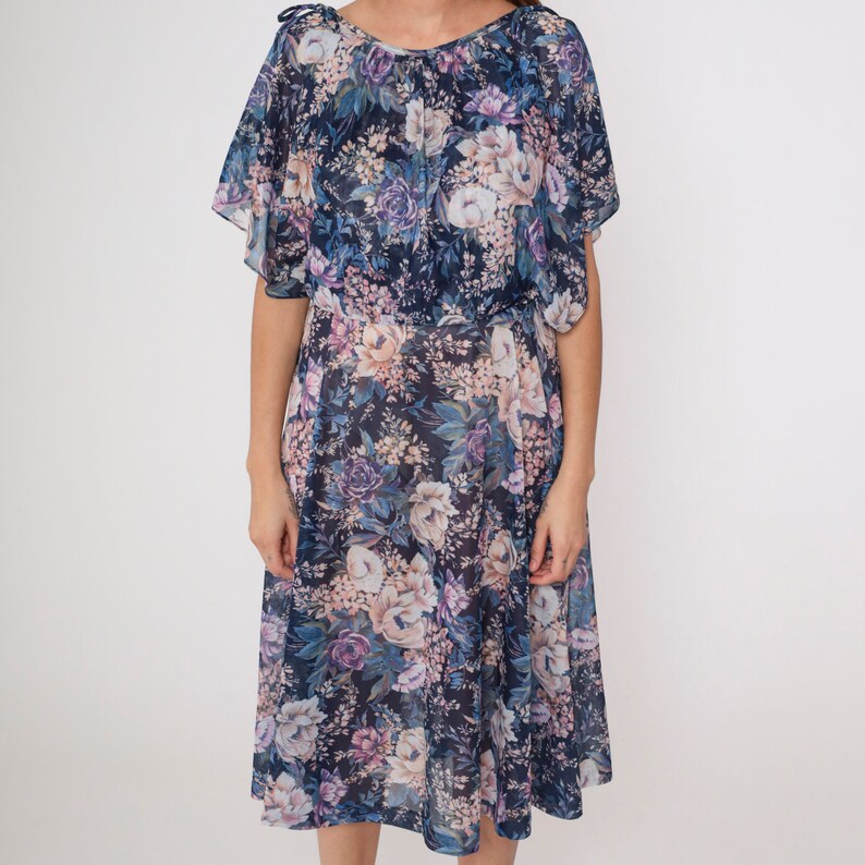 Floral Midi Dress 70s Navy Blue Boho Chic Flutter Sleeve Dress 1970s ...