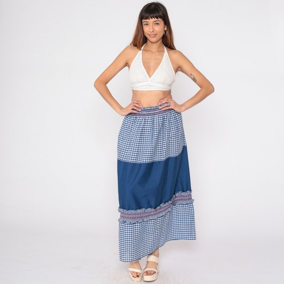 Blue Gingham Skirt 80s Maxi Skirt Patchwork Checkered Print Ruffled Trim High Waisted Smocked Long Cottagecore Vintage 1980s Medium Large