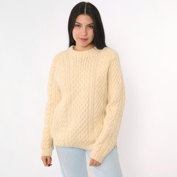Vintage Cream Wool Sweater 80s Chunky Cable Knit Pullover Sweater Fisherman Crewneck Pullover Hand Knit Raglan Sleeve 1980s Medium M