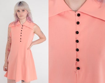 Peach Mod Mini Dress 60s 70s Shift STEWARDESS Dress Button Up Pink Gogo Sleeveless 1970s Collared Gogo Dress Vintage Sixties Twiggy Medium