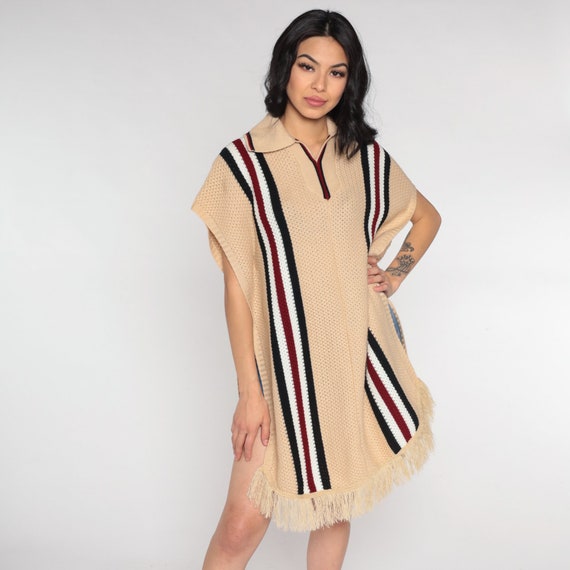 70s Knit Poncho Tan Striped Sweater Fringe Shawl Black Red Stripes Collared Fall Pullover Boho Acrylic Vintage 1970s Small Medium Large