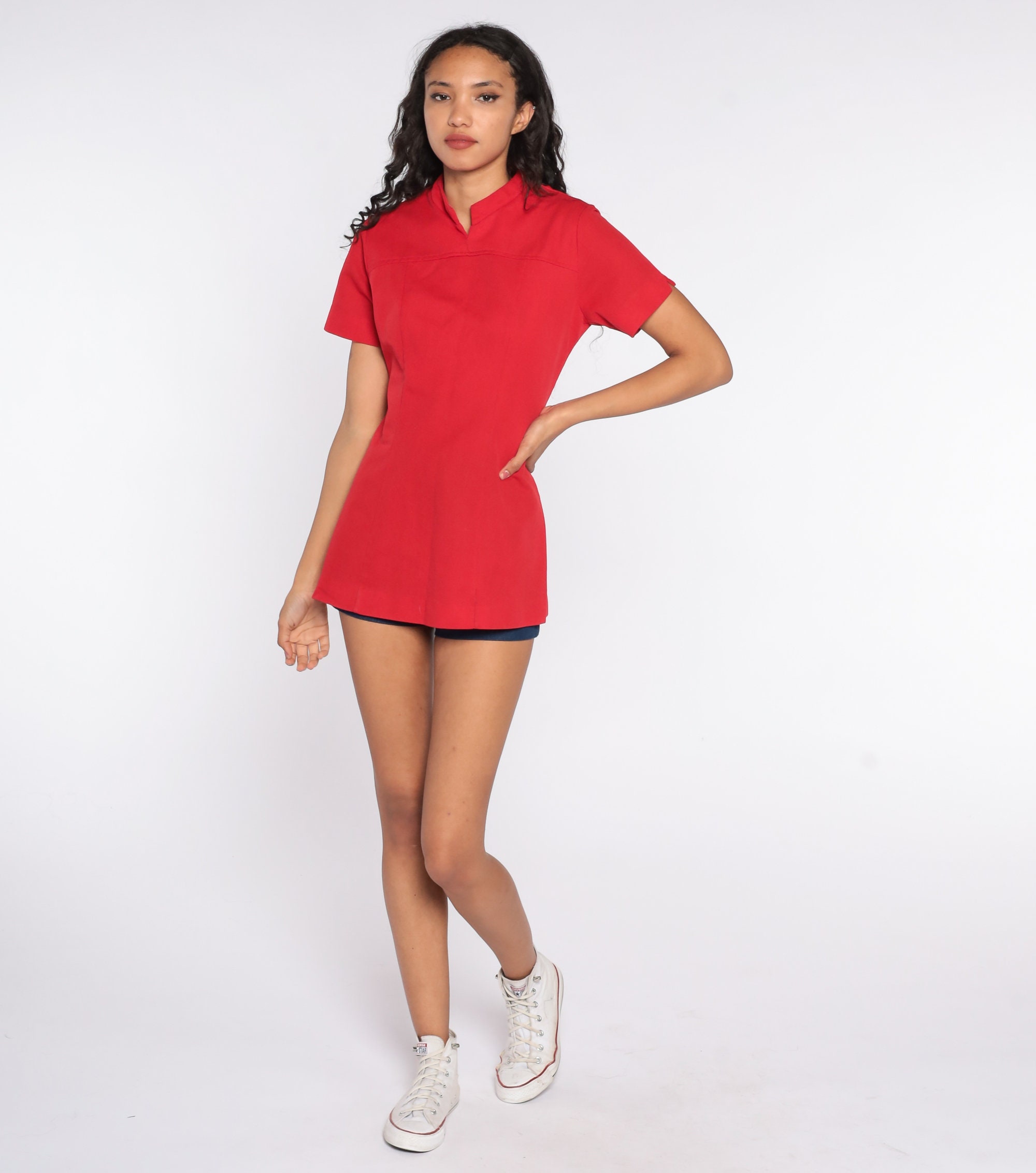 Red Mod Top 70s Mod Shirt Mandarin 