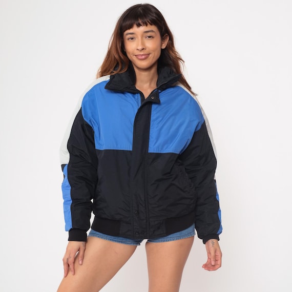 90s Colorblock Jacket Vintage Blue Black White Windbreaker Bomber Style Field and Stream Zip Up Sport Coat Color Block Medium M