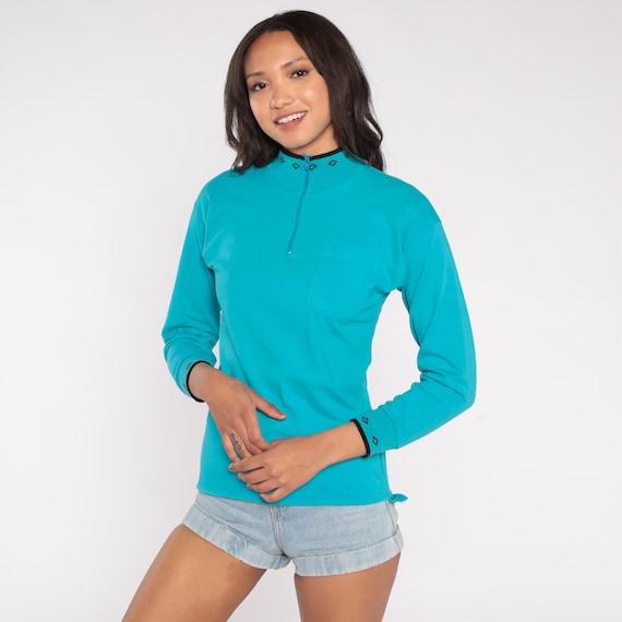 Turquoise Half Zip Top 90s Southwest Aztec Trim Geometric Collar Cuffs Quarter Zip Long Sleeve Knit Pullover Teal Blue Ski Winter Size 14 XS