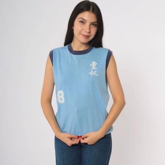 80s Blue Ringer Tank Top Sleeveless Athletic Style Number 8 Chinese Graphic "Soulful Wind" Retro Sportswear Cotton Blend Shirt Medium M