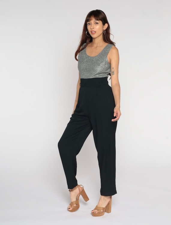 90s Jumpsuit Black Metallic Silver Playsuit Sleeveless Party Jumpsuit Wide Leg 1990s Vintage Pantsuit Plain Basic High Waist Medium 8