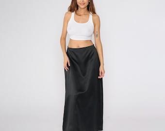 Black Satin Maxi Skirt Long Column Skirt Performance Apparel High Waisted Hippie Formal Party Evening Cocktail Vintage Size 14 30 Waist