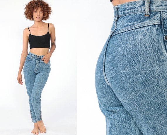 High Waisted Jeans Blue ACID WASH Jeans Mom Jeans Ankle Snaps High Waist Jeans 80s Tapered Skinny Denim Pants 90s Vintage Extra Small XS