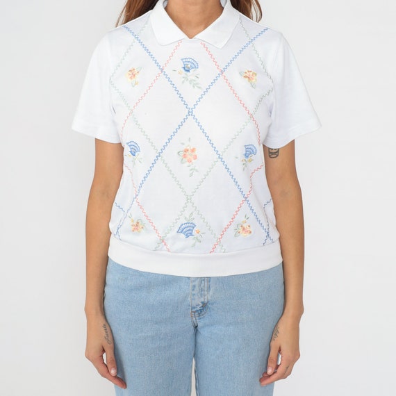 Floral Embroidered Top 90s White Polo Shirt Paste… - image 5