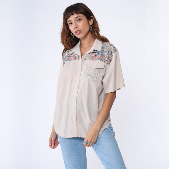 90s Geometric Shirt Beige Floral Yoke Blouse Button Up Top 1990s Flower Print Short Sleeve Vintage Retro 1990s Crochet Pocket Large L