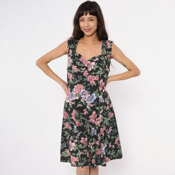 90s Floral Dress Black Pink Roses Blue Flowers Green Leaves Sweetheart Cottage Core Prairie Romantic Vintage A Line Garden Party Large L