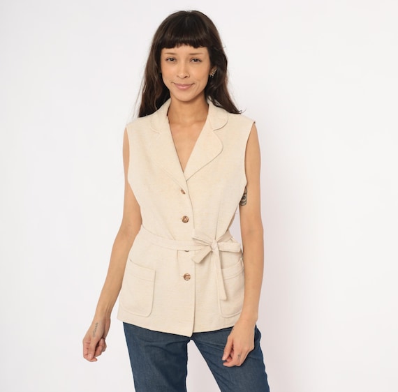 70s Cream Belted Vest Button Front Blazer Waistcoat Jacket Tie Waist Patch Pocket Tailored Top Sand Beige Collegiate Academic Nerdy Medium M