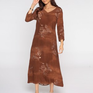 Brown Floral Dress 90s Grunge Shift Boho 1990s Bohemian Hippie Vintage Midi Rayon Long Sleeve Small S image 4