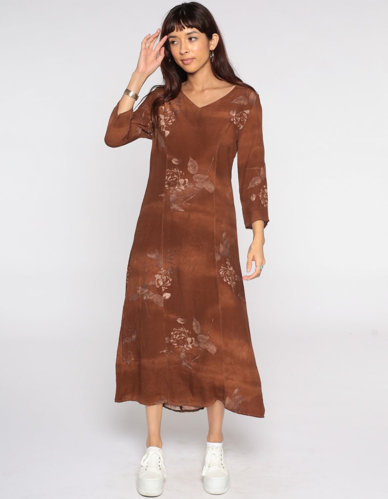 Brown Floral Dress 90s Grunge Shift Boho 1990s Bohemian Hippie Vintage Midi Rayon Long Sleeve Small S image 4