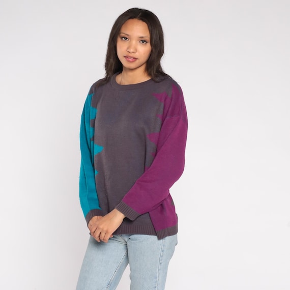 Geometric Sweater 90s Teal Purple Charcoal Color Block Abstract Zig Zag Pattern Pullover Oversized Grunge Ribbed Trim Slouchy Medium M