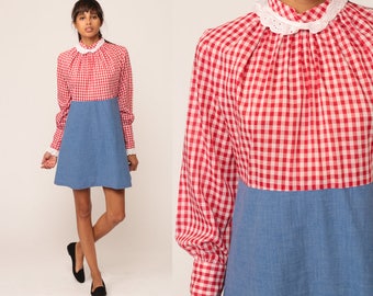 70s Mini Dress Red Gingham Eyelet Lace Collar 60s Mod Dress Babydoll Long Sleeve Empire Waist Plaid Checkered Vintage MiniDress Medium