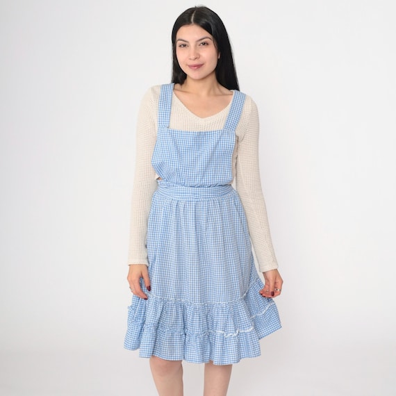 Vintage 70s Blue Gingham Pinafore Dress Ruffle Hem Cottagecore Apron Style Elastic Waist Prairie Farmhouse Country Mini Boho Large L