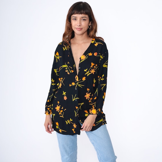 90s Floral Blouse Black Longline Rayon Button Up Shirt Boho Pattern Long Sleeve Collared Top Green Orange 1990s Vintage Medium Large