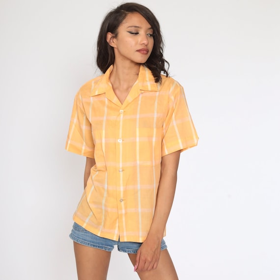 Orange Checkered Shirt 70s Shirt Button Up Plaid Print Preppy Collared 1970s Top Short Sleeve Vintage Medium Large