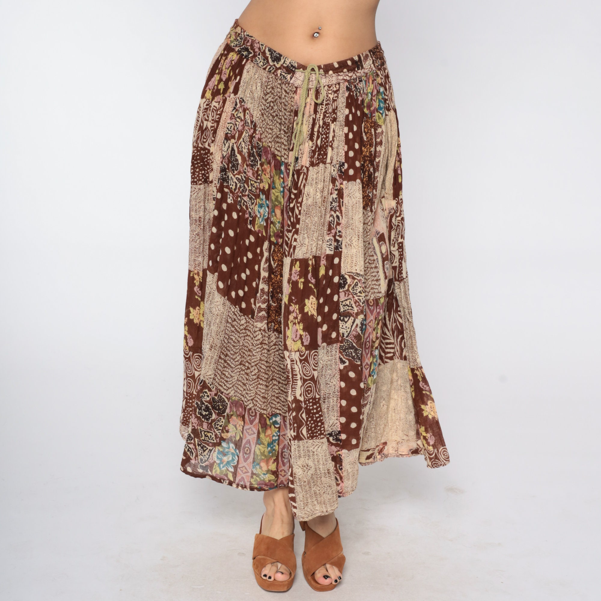 Patchwork Broomstick Skirt Boho Skirt Brown Floral Skirt Gypsy Midi