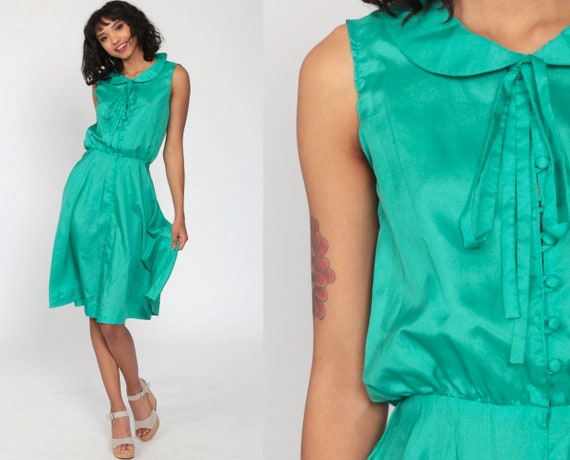 Peter Pan Dress 70s Midi Collar Green POCKET Dress Slouchy Blouson Boho High Waist Button Up Bohemian Vintage Secretary 1970s Extra Small xs