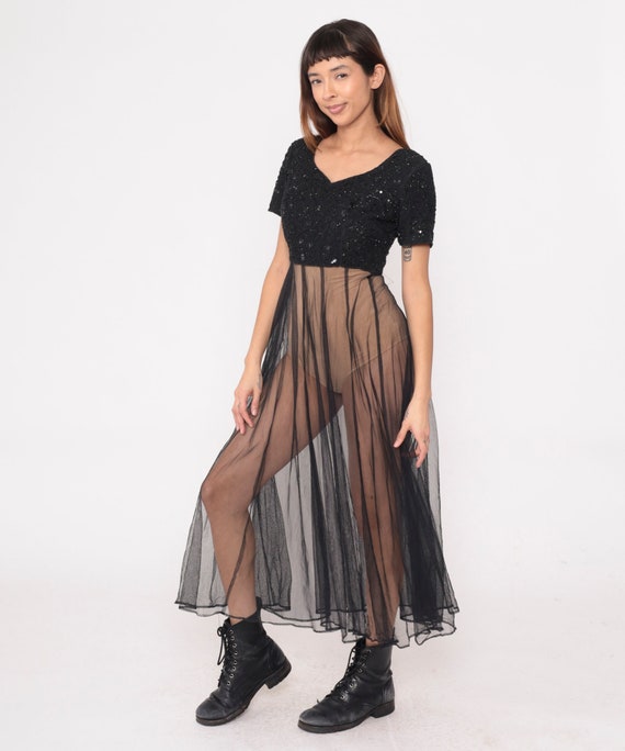 Chiffon Beaded Dress Sheer Black Dress 80s Party … - image 5
