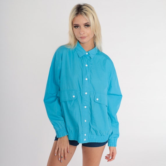 Bright Blue Windbreaker Jacket 80s Blue Jacket Plain Snap Up Retro Basic Simple Sportswear Lightweight Shell Shacket Vintage 1980s Medium M