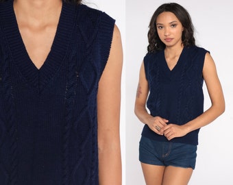 Navy Cable Knit Vest Sleeveless Sweater V Neck Top 80s Tank Pullover 1980s Preppy Vintage Knitwear Sweater Vest Cableknit Mens Medium